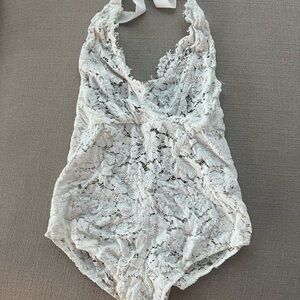 Olivaceous White Lace Halter Teddy Bodysuit